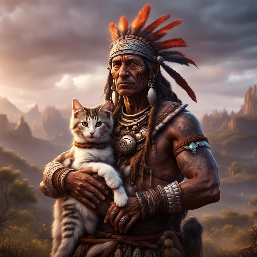 Tribal Chief Warrior with Kitten: Fantasy Concept Art