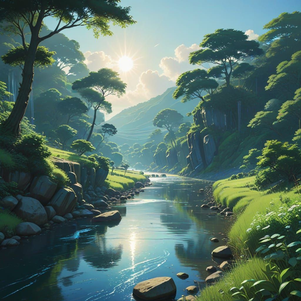 Scenic Rivers Meet: Studio Ghibli Anime Landscape