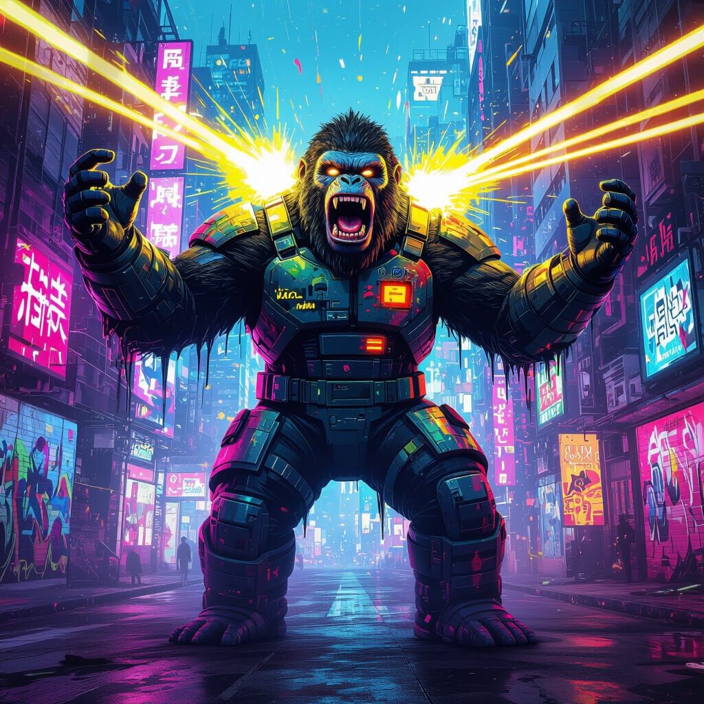 Giant Ape with Laser Eyes in Neon Cityscape