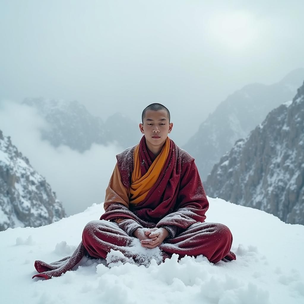 Monk Meditating in Snow: Ethereal Winter Solitude