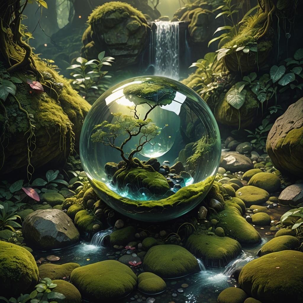 Heart-Shaped Crystal Ball Waterfall in Surreal Style