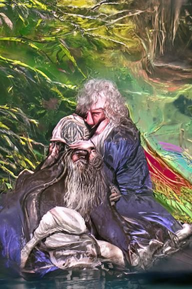 Gandalf and Hobbit Embrace: A Cosmic Fantasy