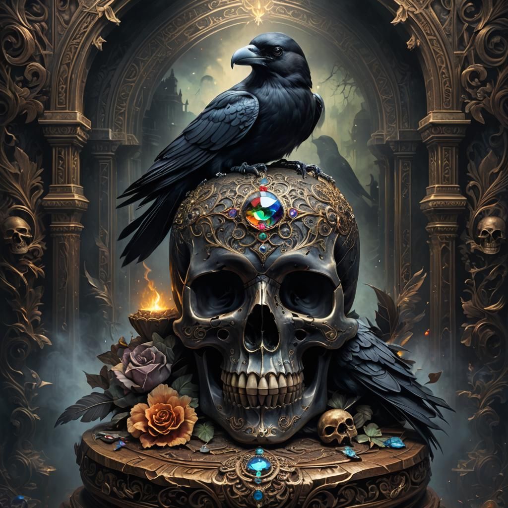 Shimmering Crow with Jeweled Skull: Detailed Matte Painting