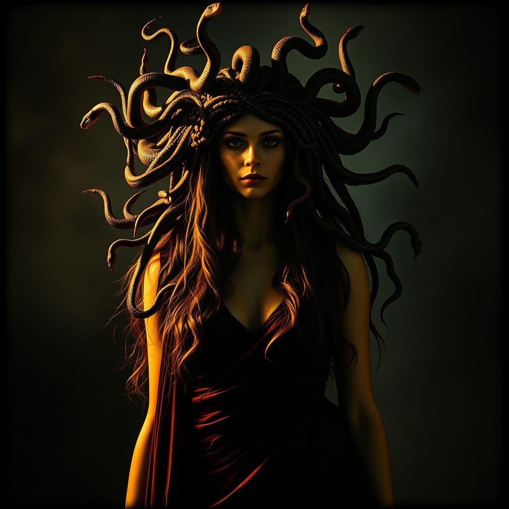 Mysterious Medusa Goddess in Dark, Cinematic Landscape