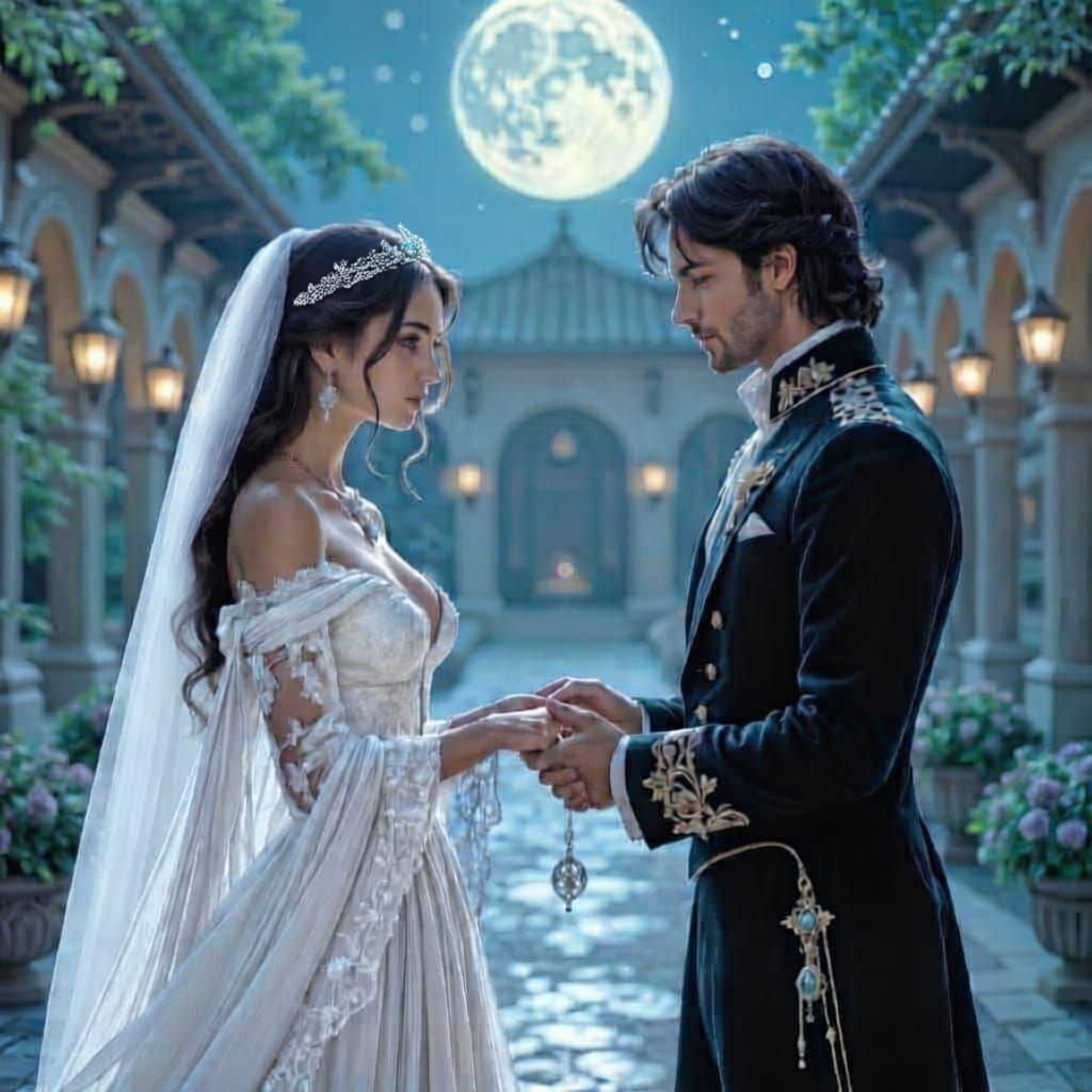 Regal Woman in Moonlit Courtyard Scene