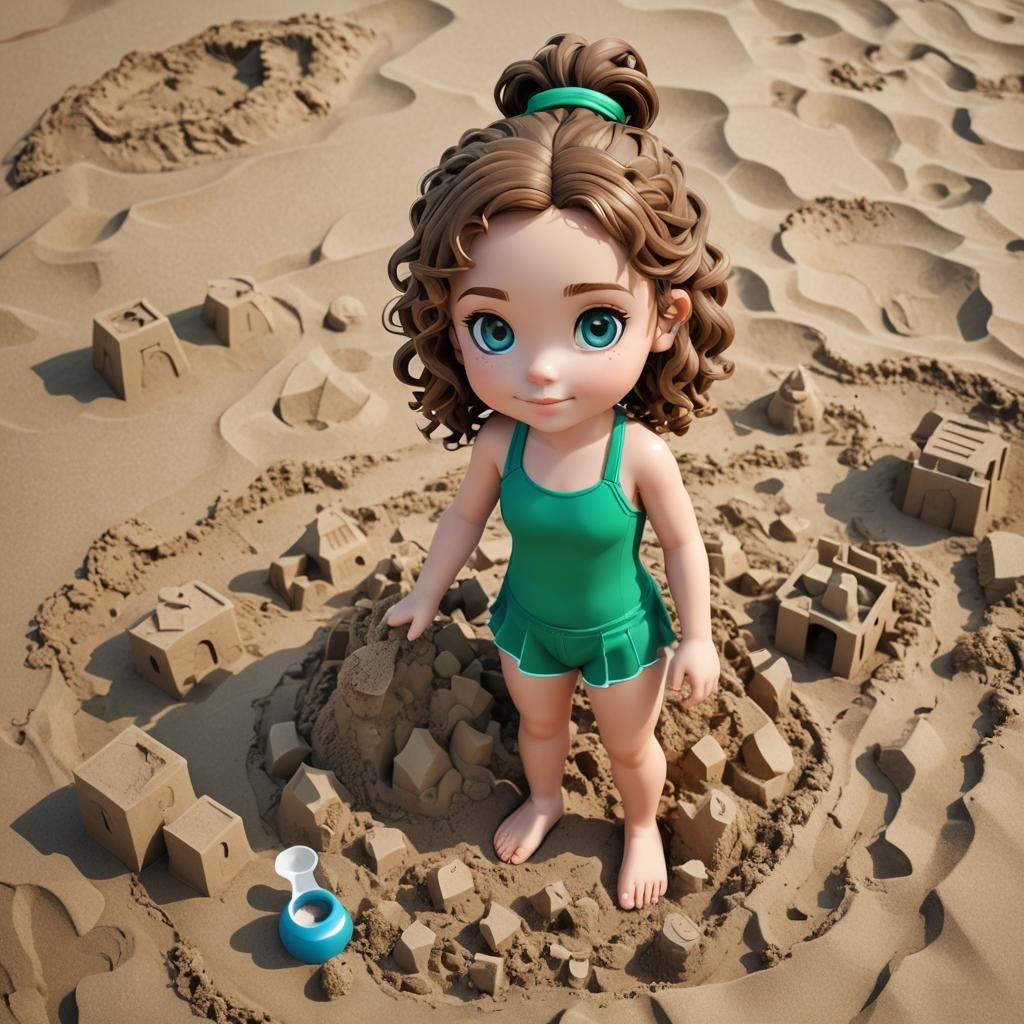 Girl Building Sandcastle in Chibi 3D Style