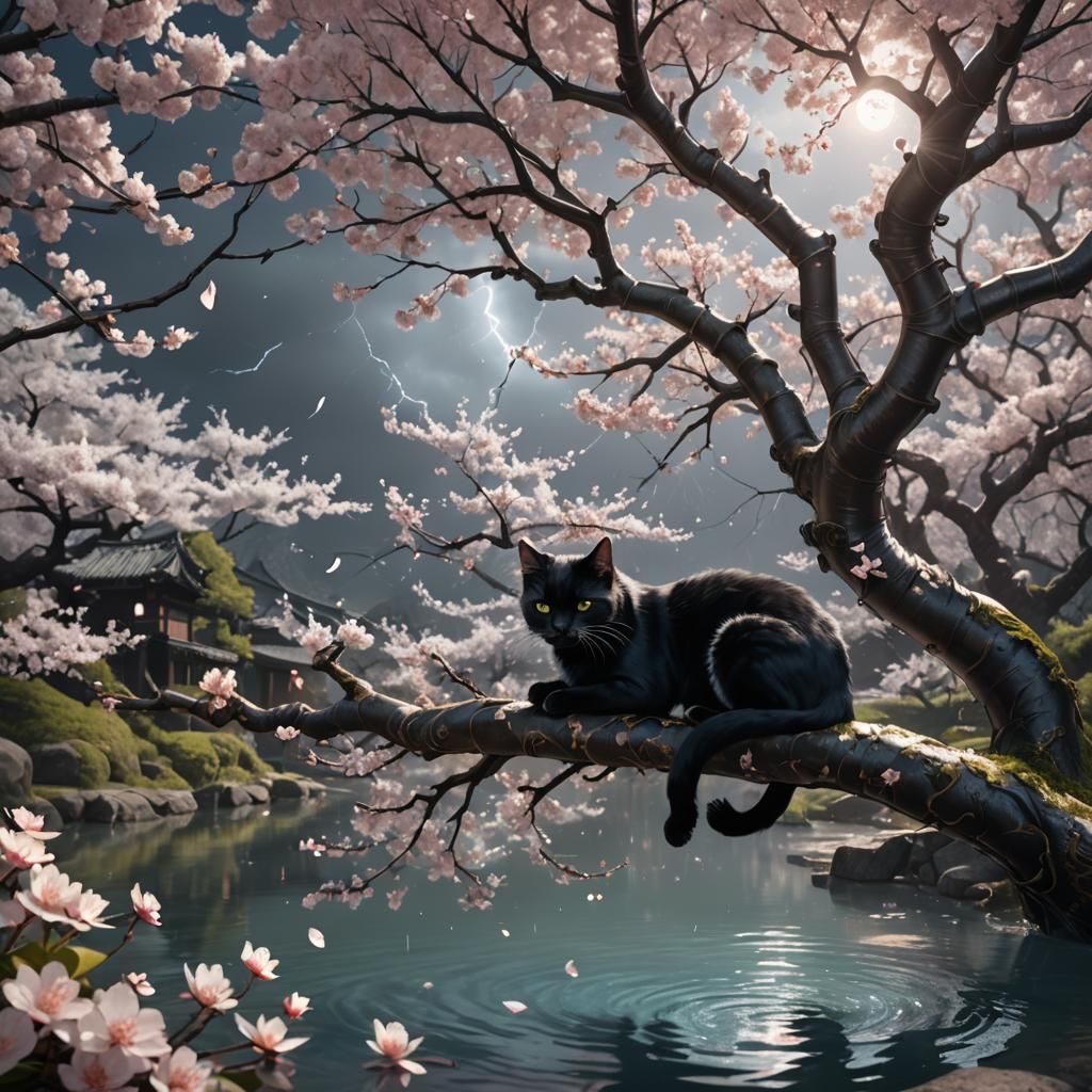 Sleeping Black Cat in Cherry Blossom Tree