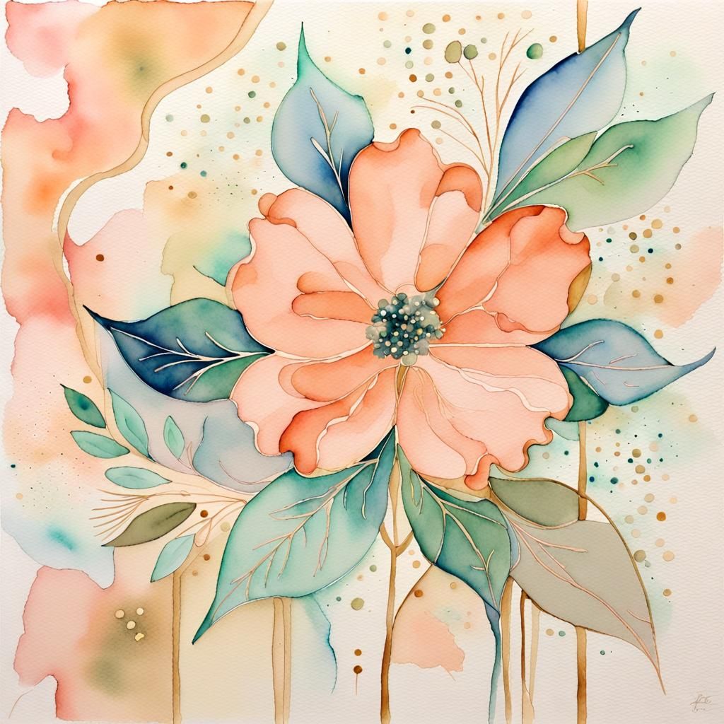 Pastel Watercolor Abstract Floral with Gold Accents