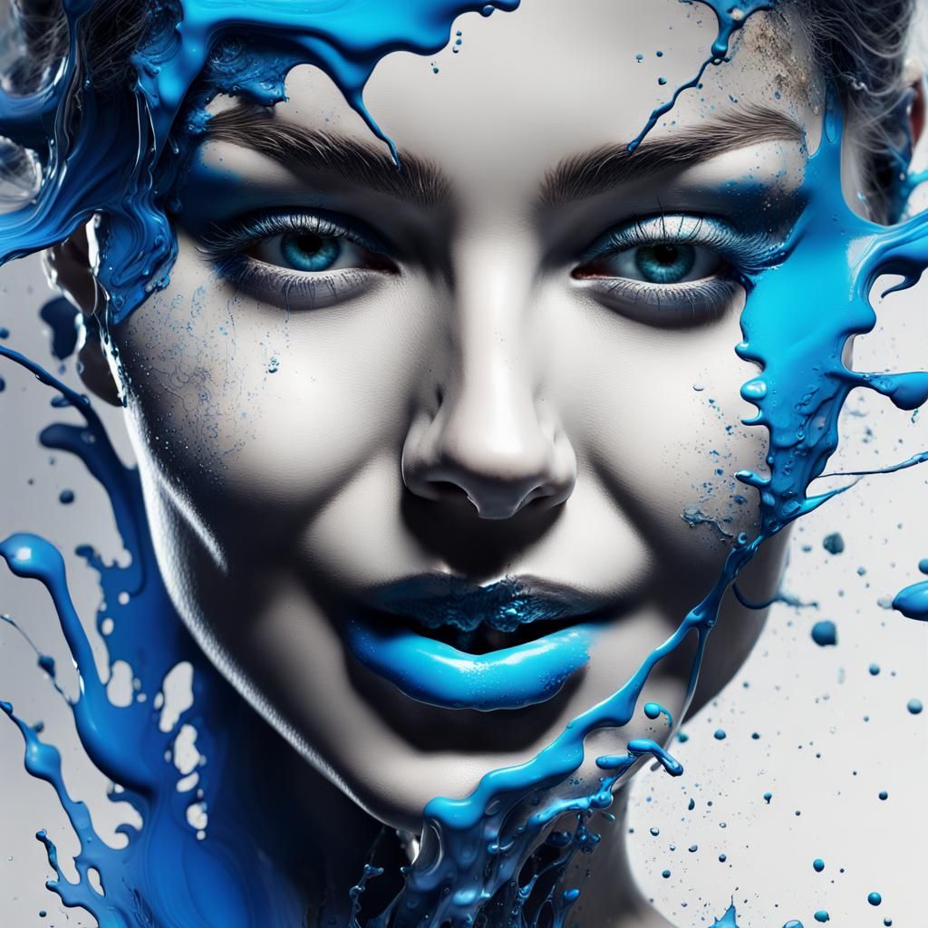 Radiant Ink Splatter Portrait with Silver and Blue