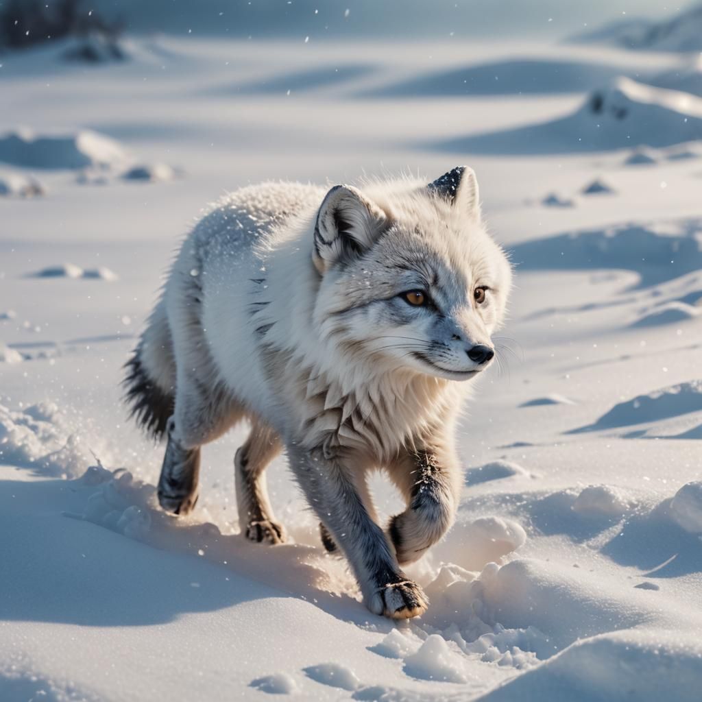 Arctic Fox Cub Walking in Snow, Hyperrealistic Splash Art