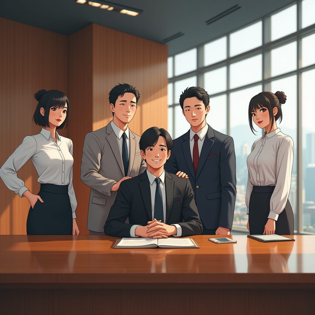 CEO and Son Surrounded by Secretaries in High-Rise Office