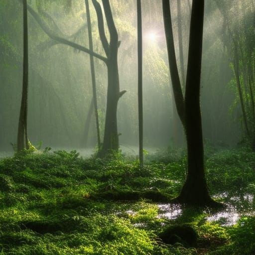 Misty Tropical Forest Swamp with Sun Rays