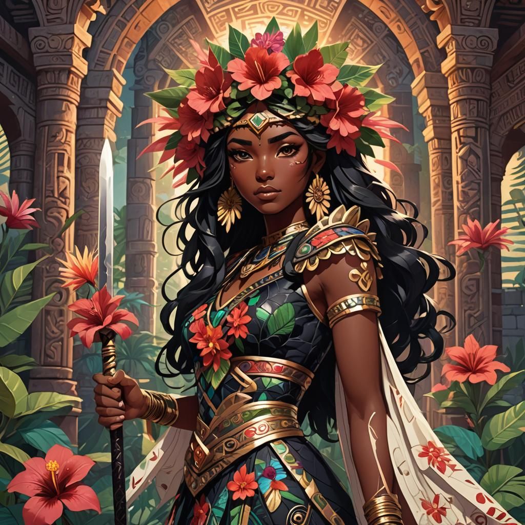 Anime Girl in Mayan Temple with Obsidian Sword