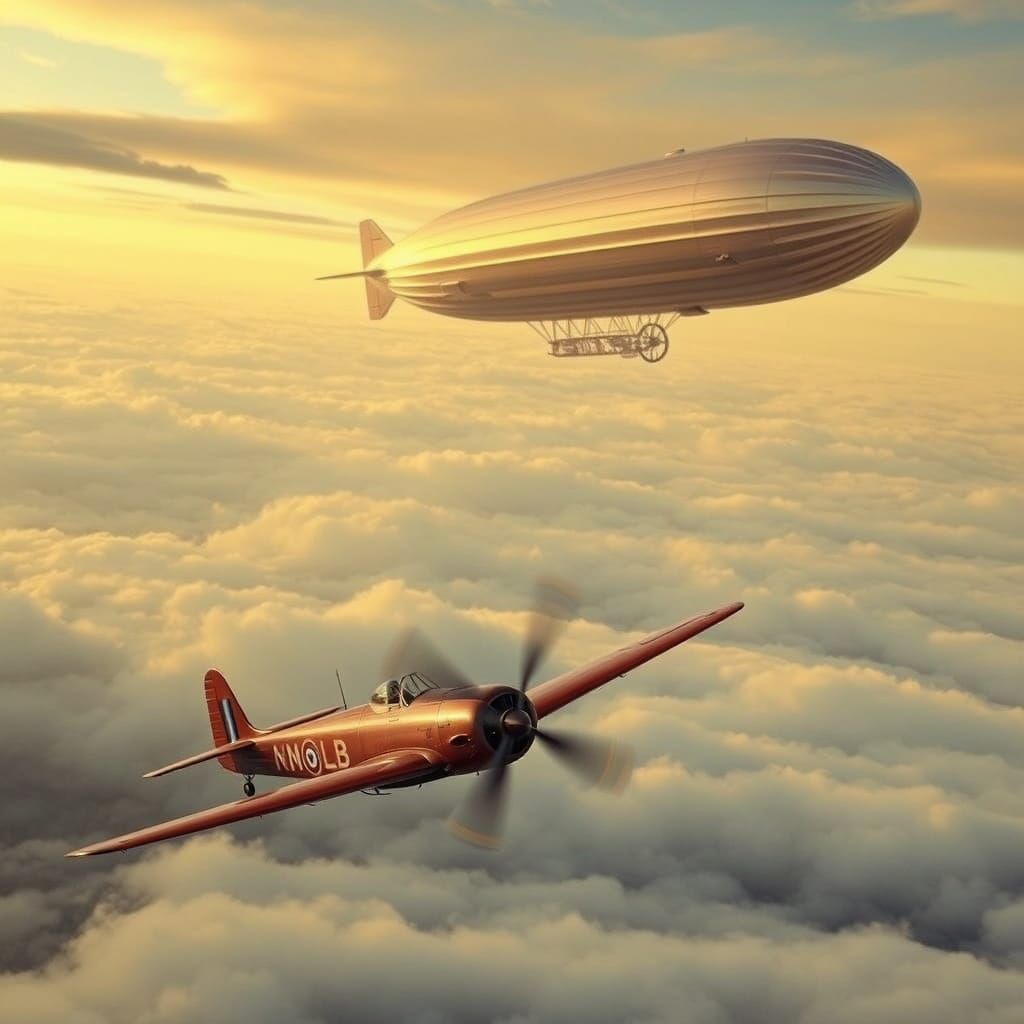 Biplanes and Zeppelin in Stormy Skies