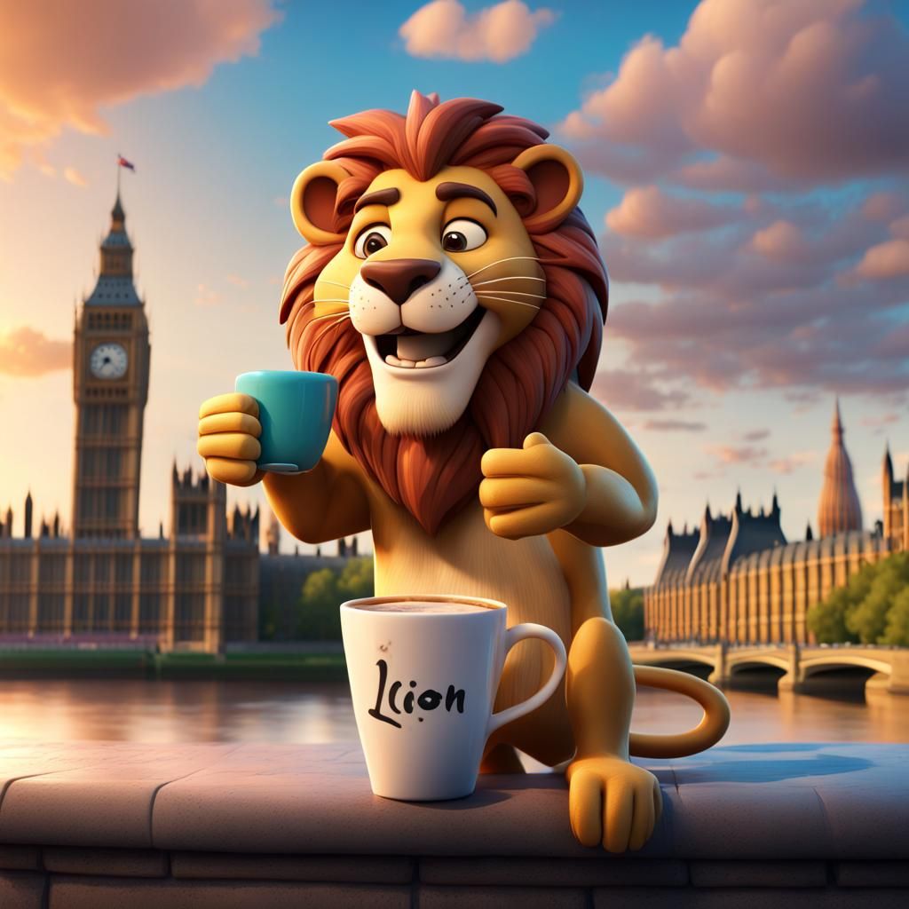 Cartoon Lion with Coffee in London, 3D Digital Art