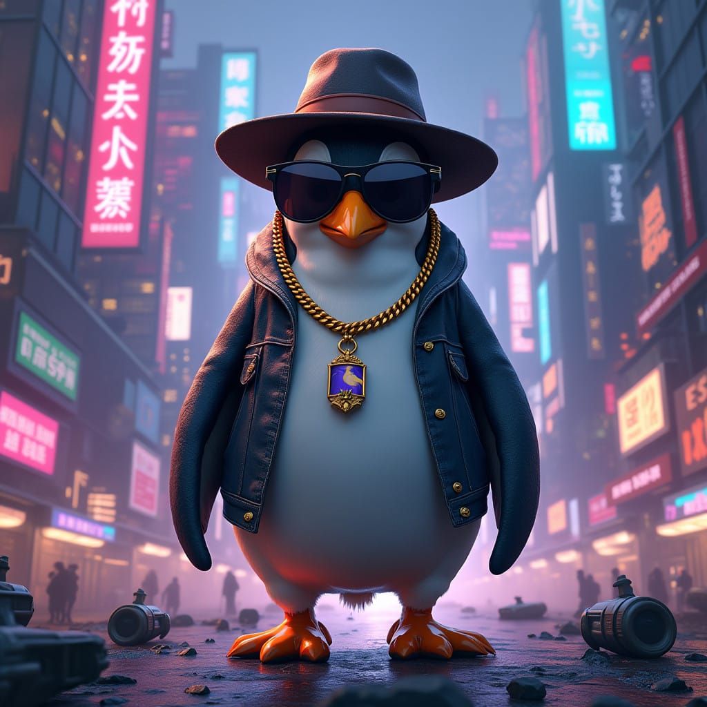 Gangsta Penguin Reigns in Futuristic Cityscape
