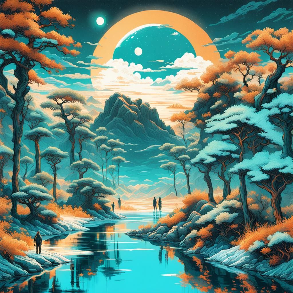 Orange and Teal Oasis Double Exposure Illustration