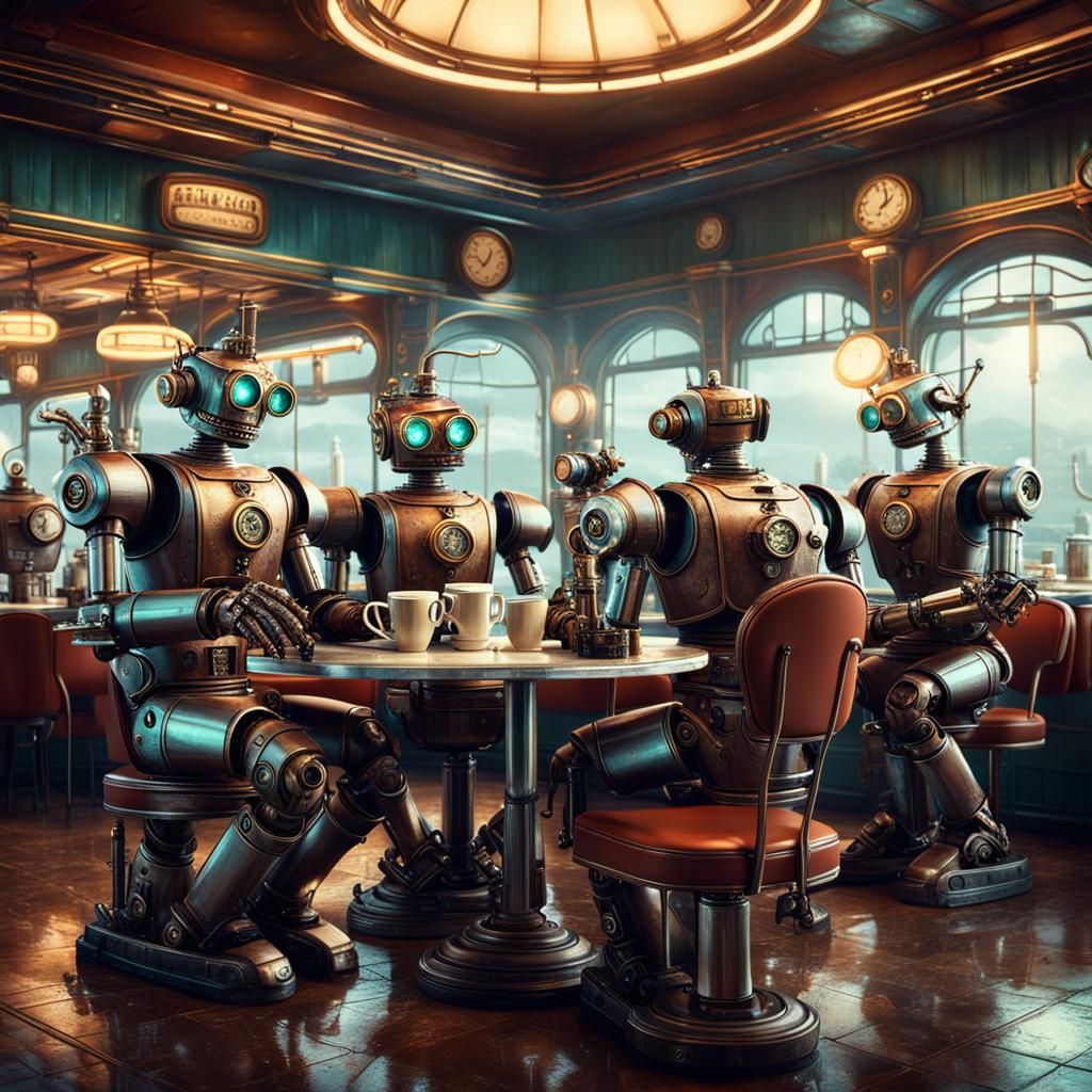 Steampunk Robots Enjoy Coffee in Retro Diner