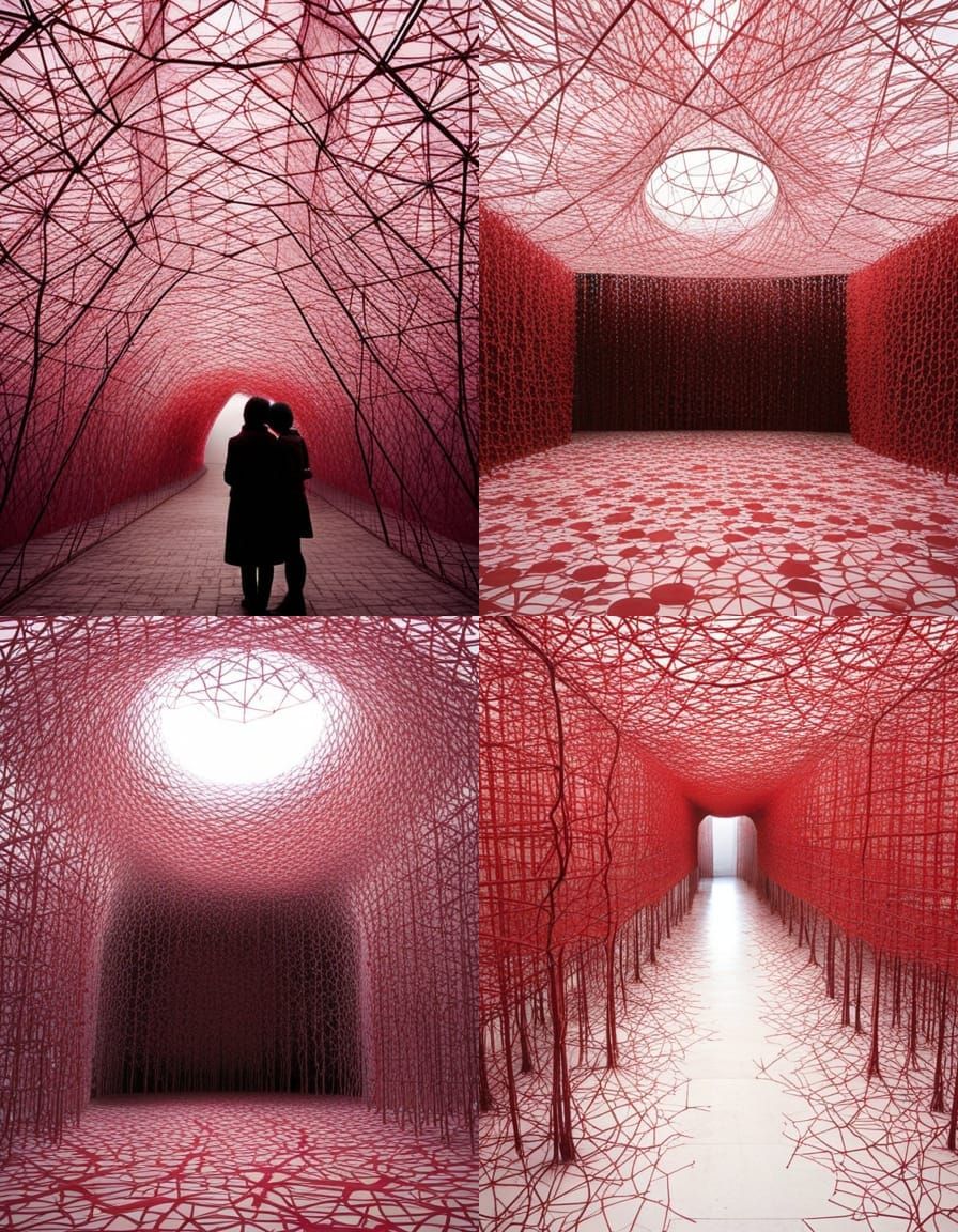 Intricate Red Yarn Installation Art