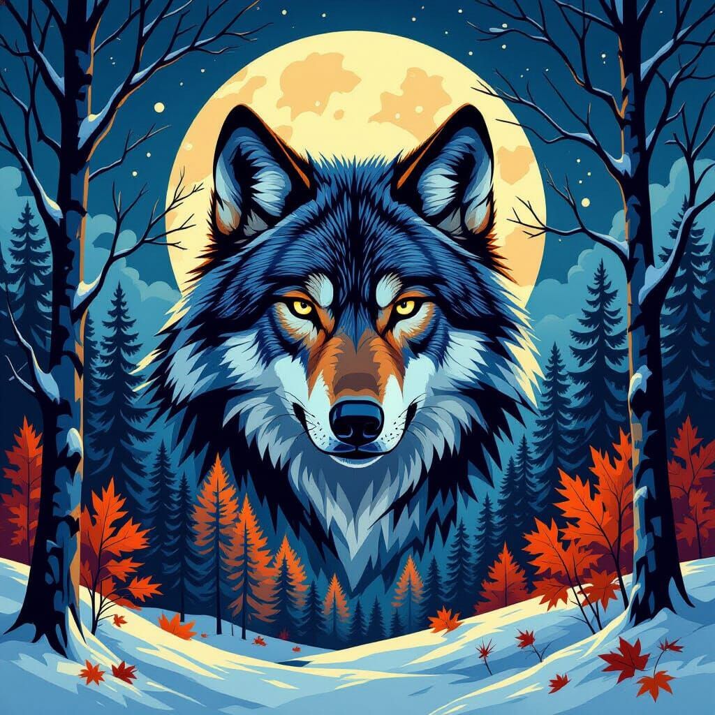 Wolf Forest Landscape with Geometric Lines, Hyperrealistic