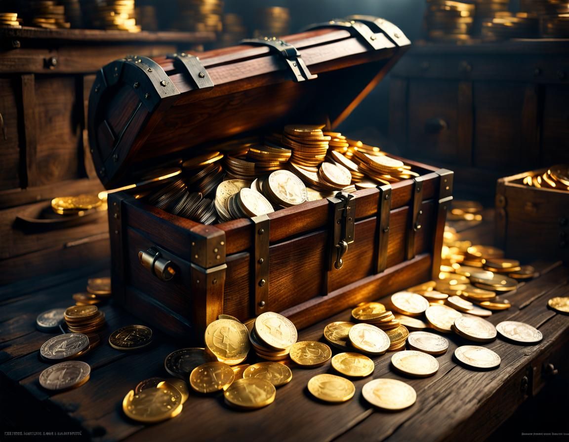 Photorealistic Ancient Chest Bursting With Gold Coins