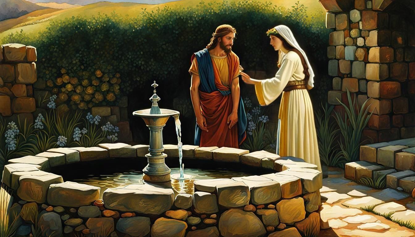 Jesus and Samaritan Woman: Luminous Watercolor Art