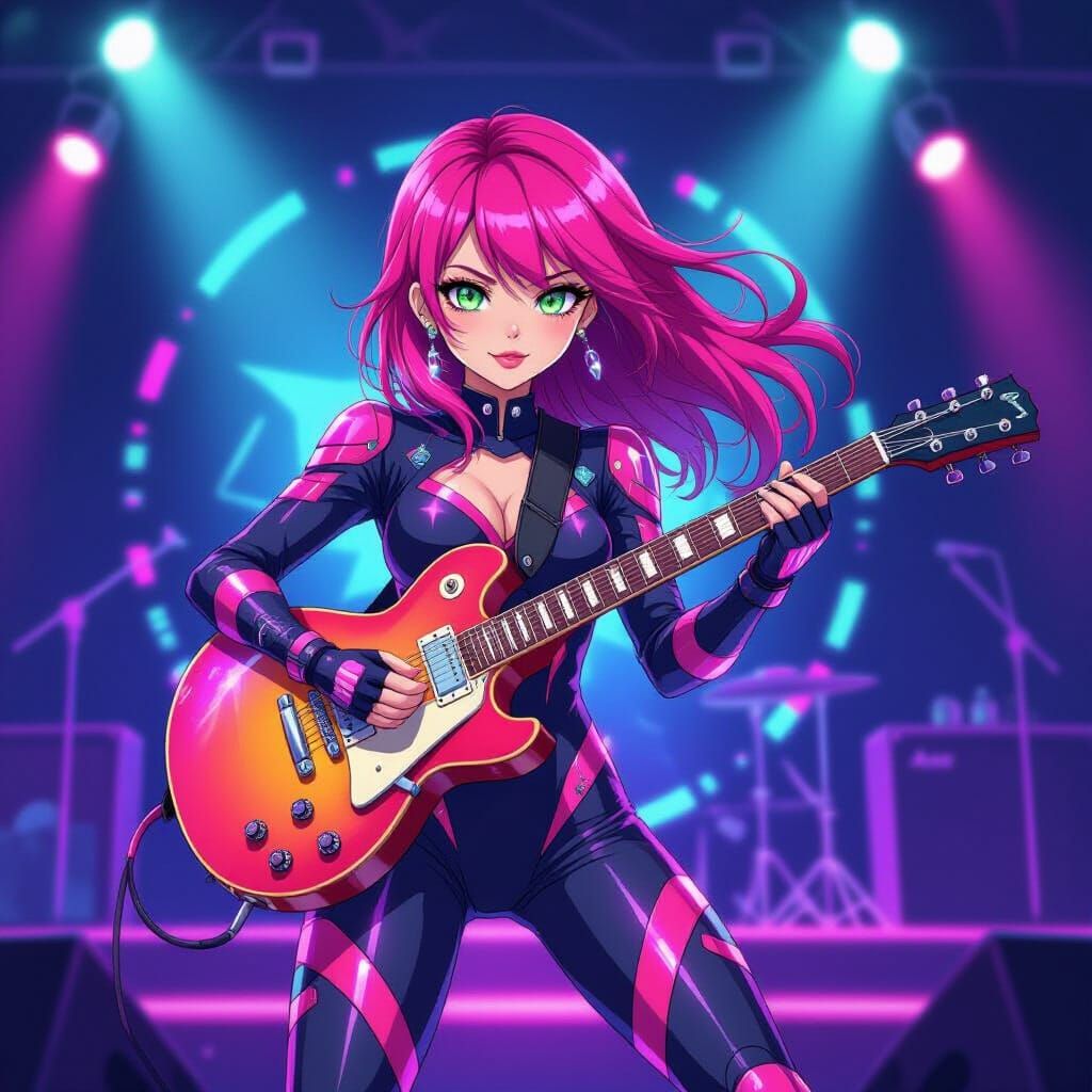 Anime Woman Shreds Guitar on Neon Stage in Studio Trigger St...