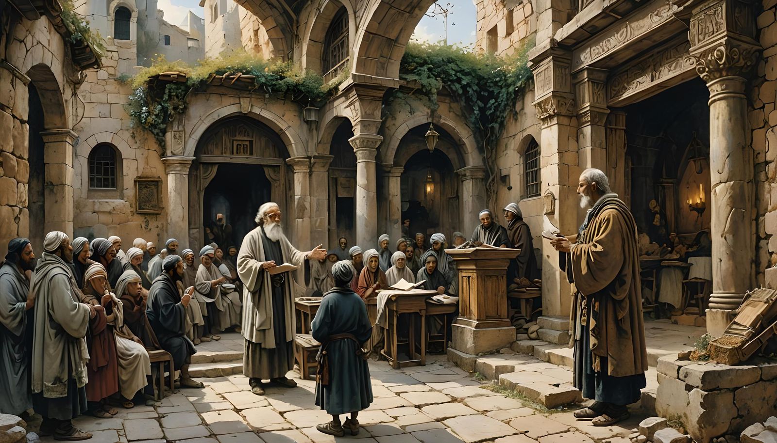 Man Preaching in Ancient Synagogue, Rackham Style