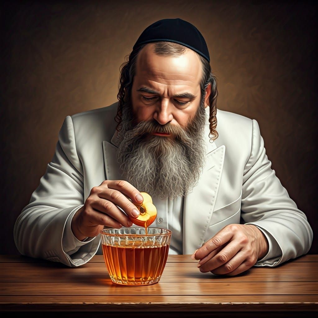 Orthodox Jew Dipping Apple in Honey, Oil Painting