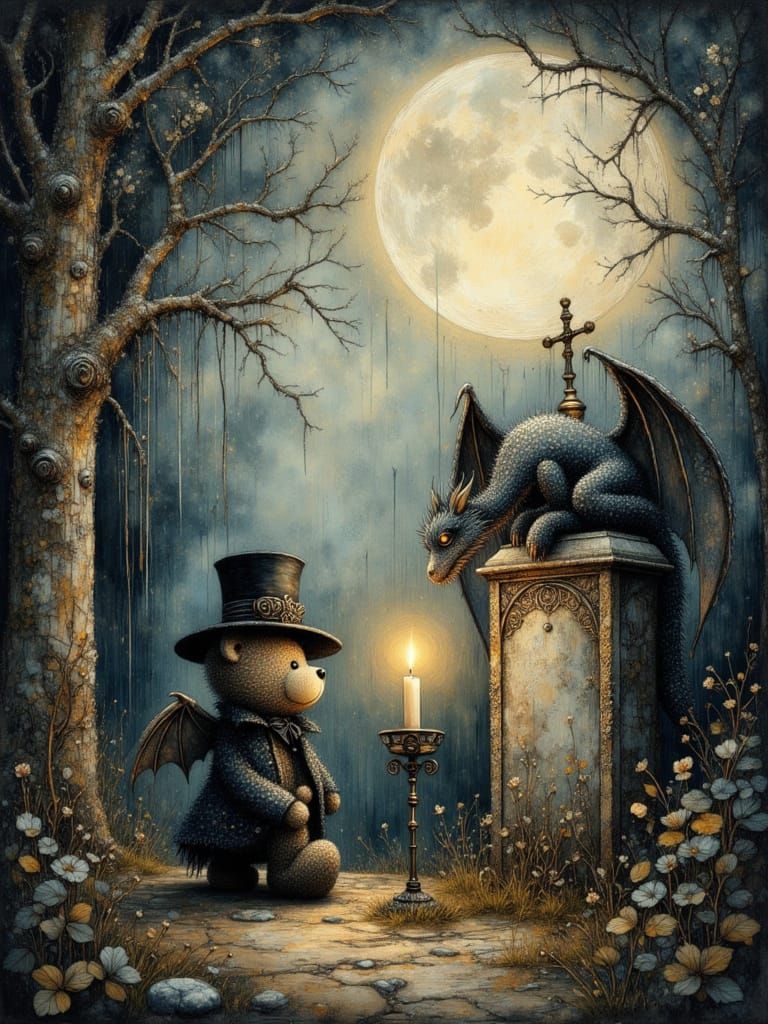 Gothic Teddy Bear with Dragon by Gravestone Oil Painting