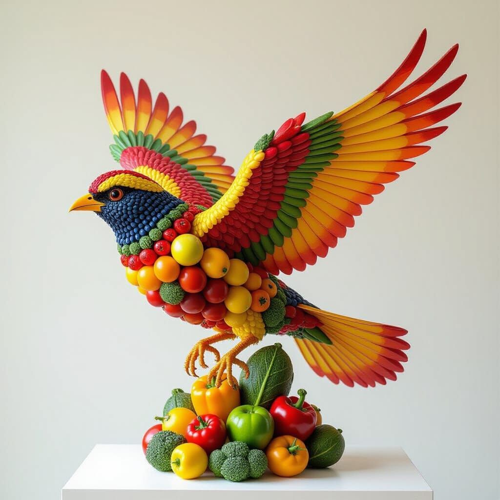 Hyperrealistic Fruit Bird Sculpture: Impressionistic and Abs...