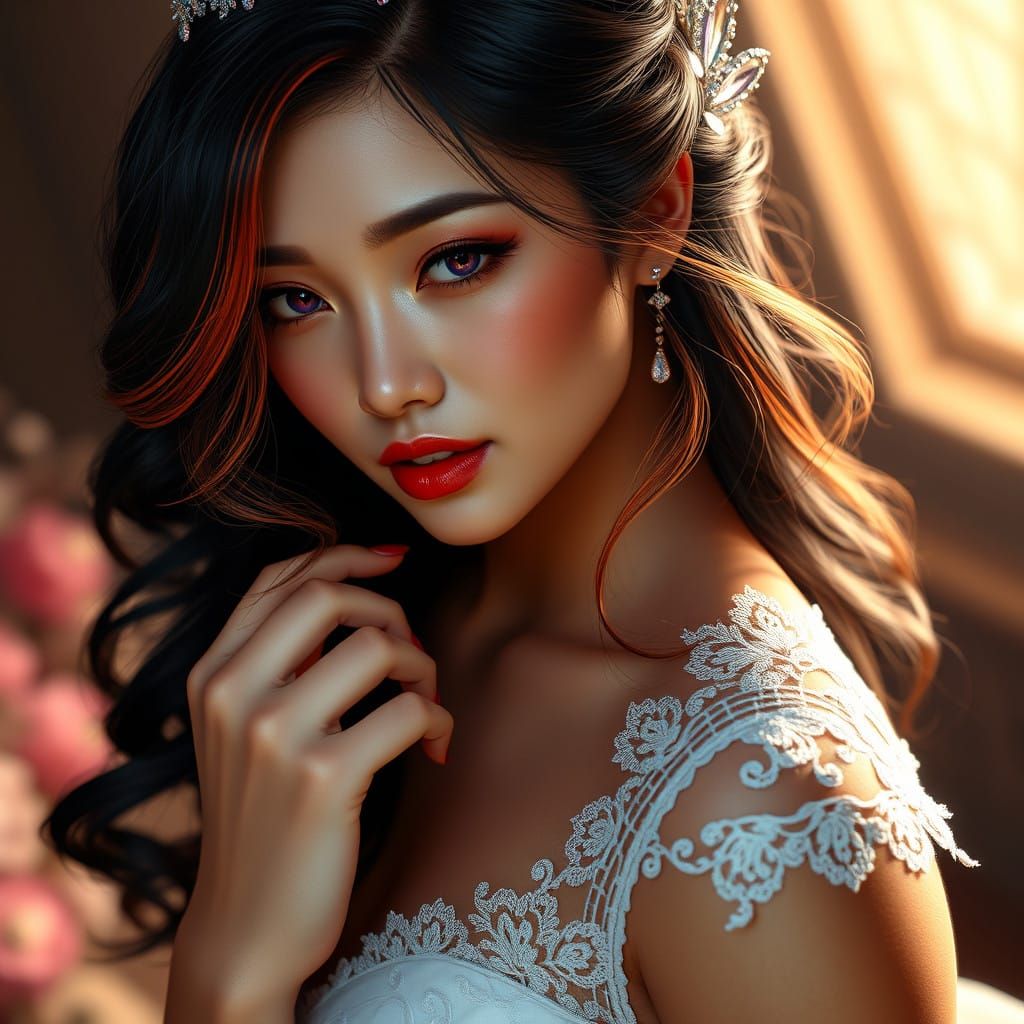 Ethereal Asian Bride with Vibrant Hair and Piercing Eyes