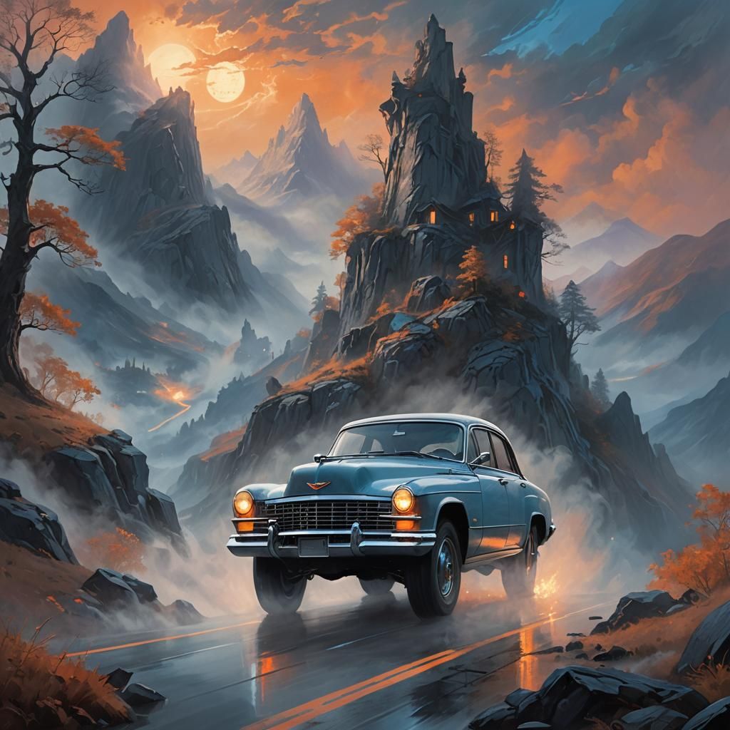 Gandalf Drives Cadillac in Misty Mountains: Oil Painting