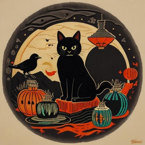 Fall Festival 2024: Vintage Woodblock Poster with Black Cat