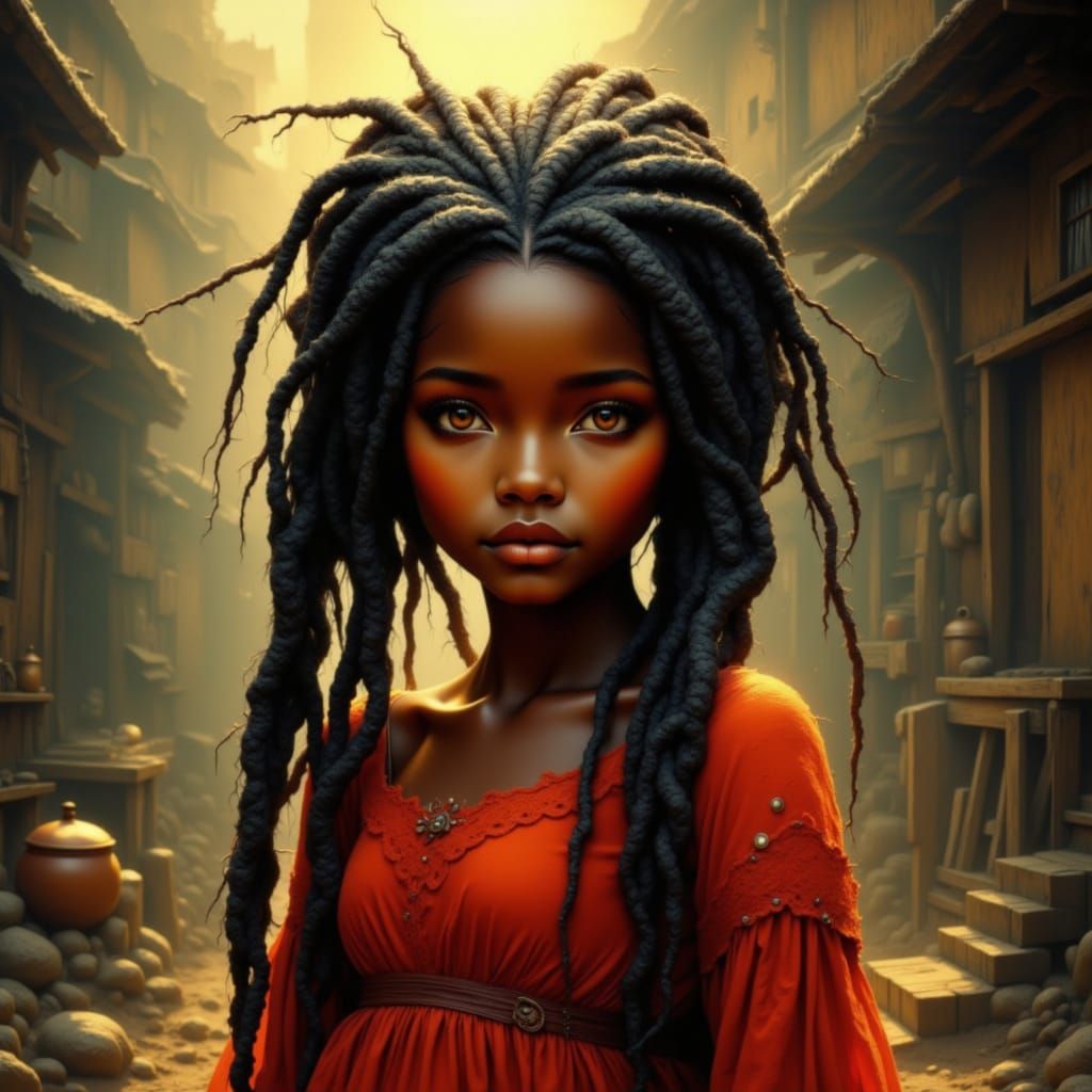 Girl in Red Dress with Black Braids, Ethereal Lighting