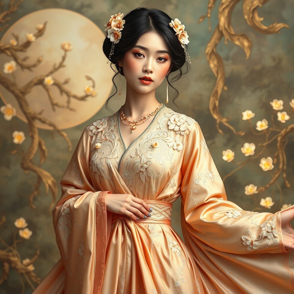 Art Nouveau Asian Maiden in Flowing Silken Robes