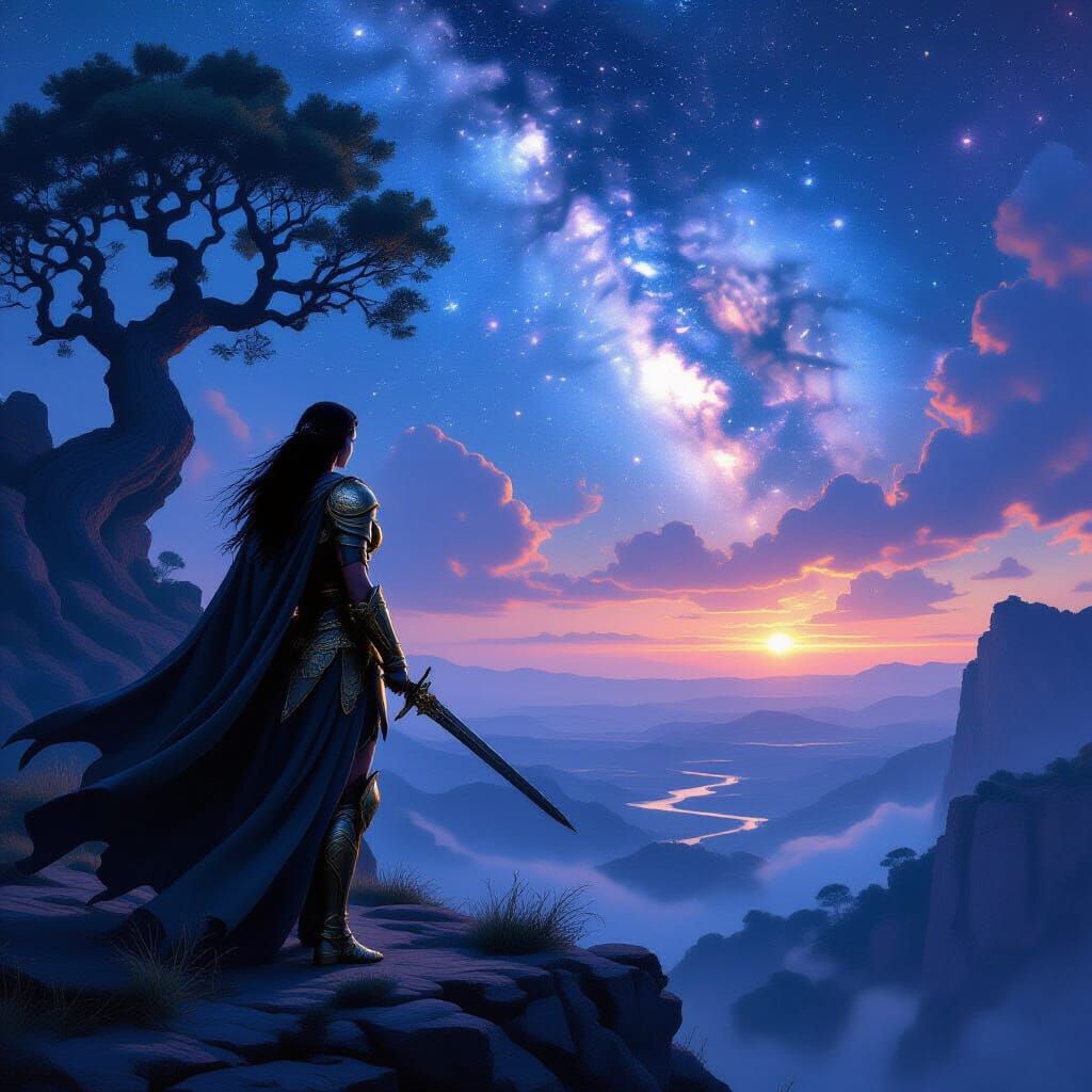Athena on Cliff Overlooking Dreamlike Nebula Landscape