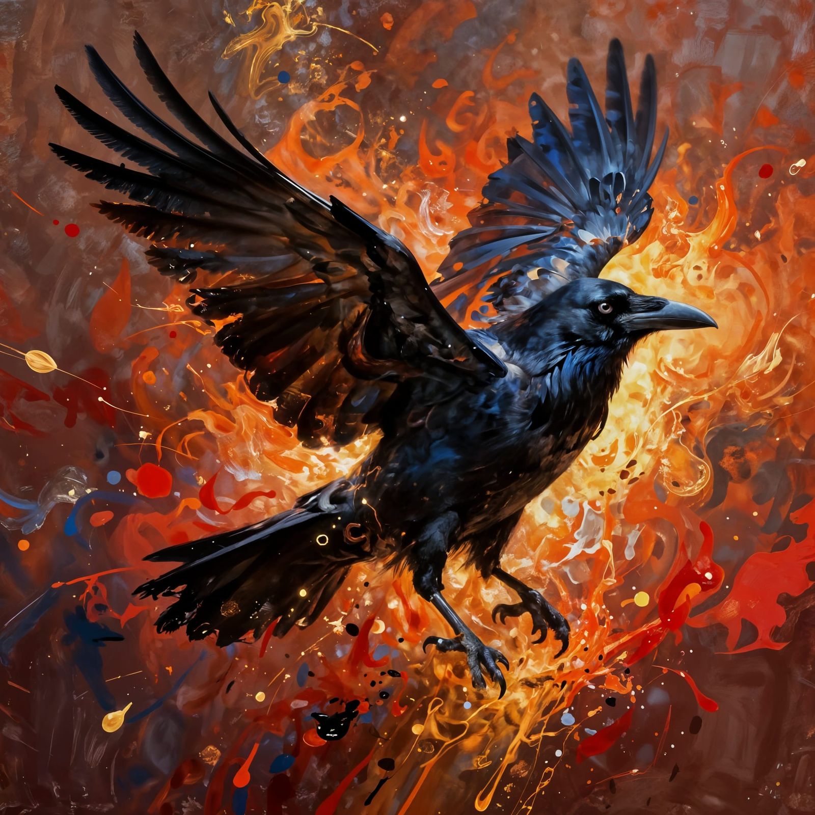 Expressive Painterly Portrait of a Raven in Fiery Colors