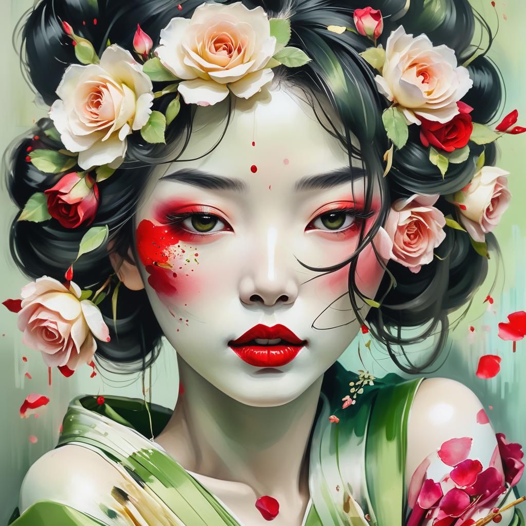 Geisha with Roses: Watercolour Portrait in Abstract Expressi...