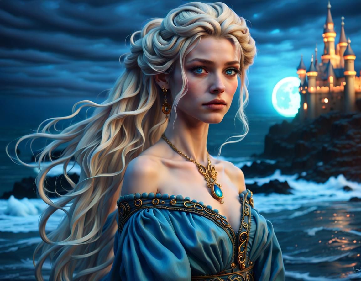 Enchanting Sorceress with Atlantean Castle Backdrop