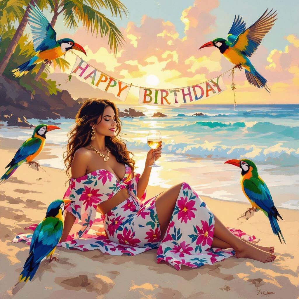 Woman on Hawaiian Beach with Birthday Banner & Wine