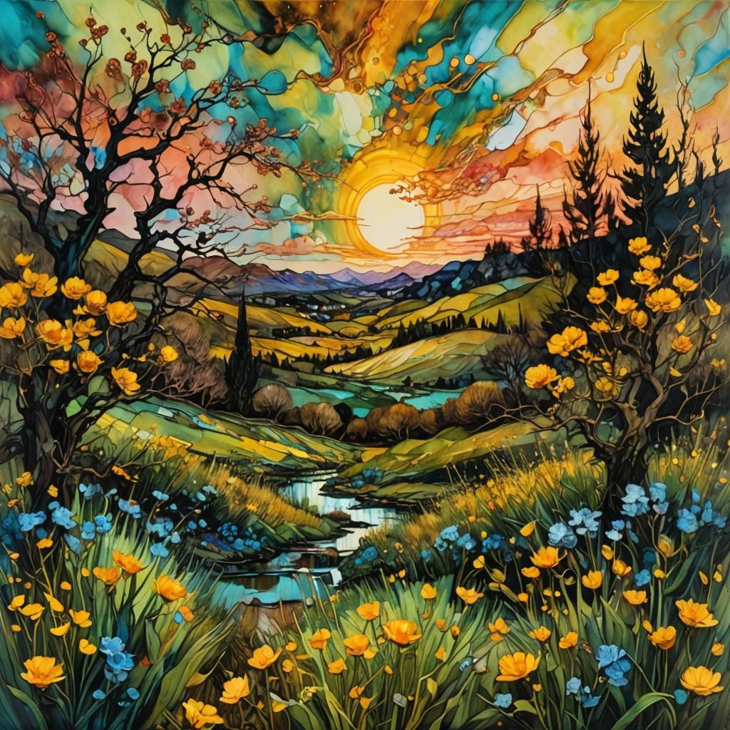 Encaustic Spring Sunset in Impasto Style