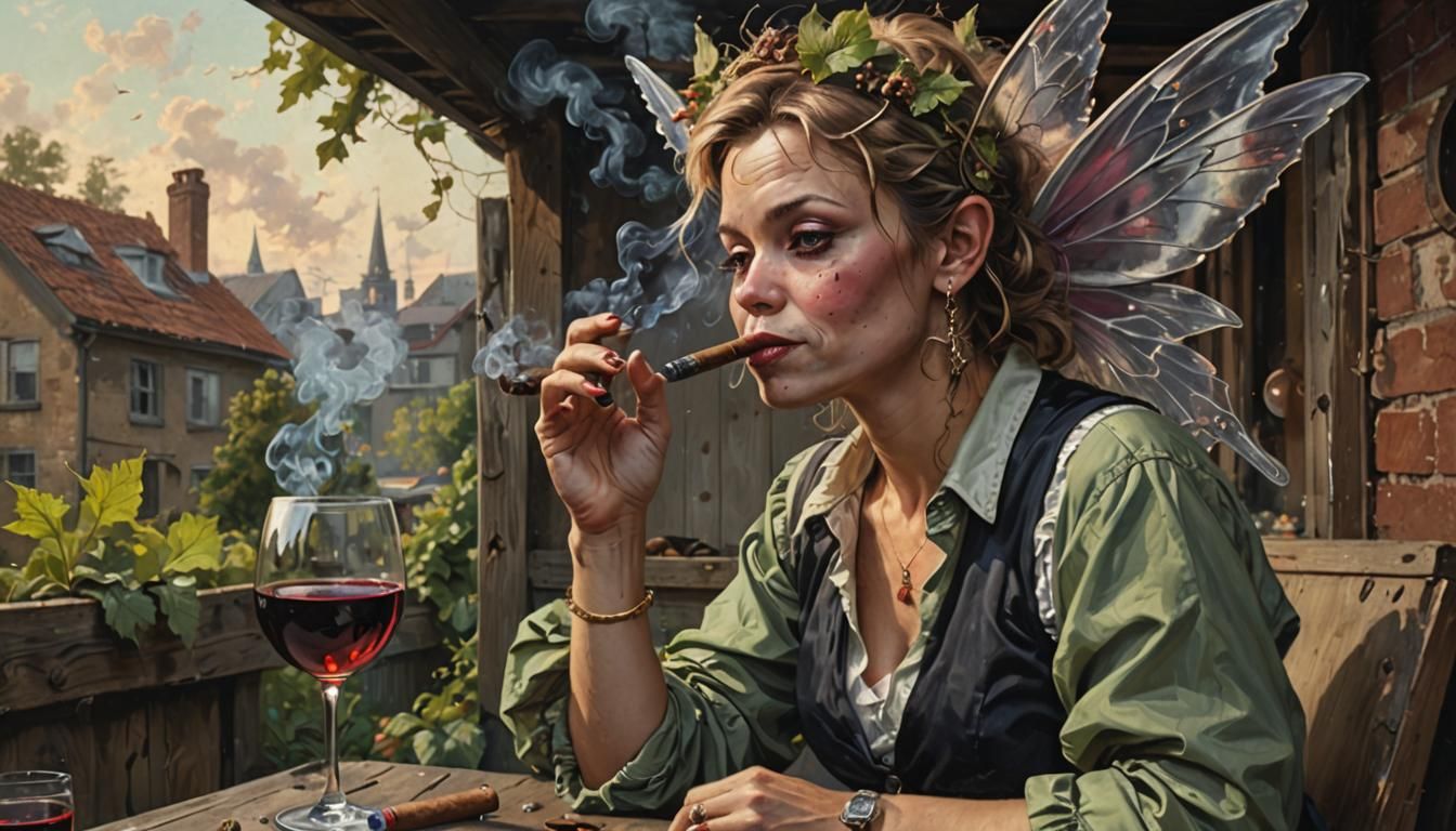 Trashy Gutter Fairy Portrait: Wine and Cigar