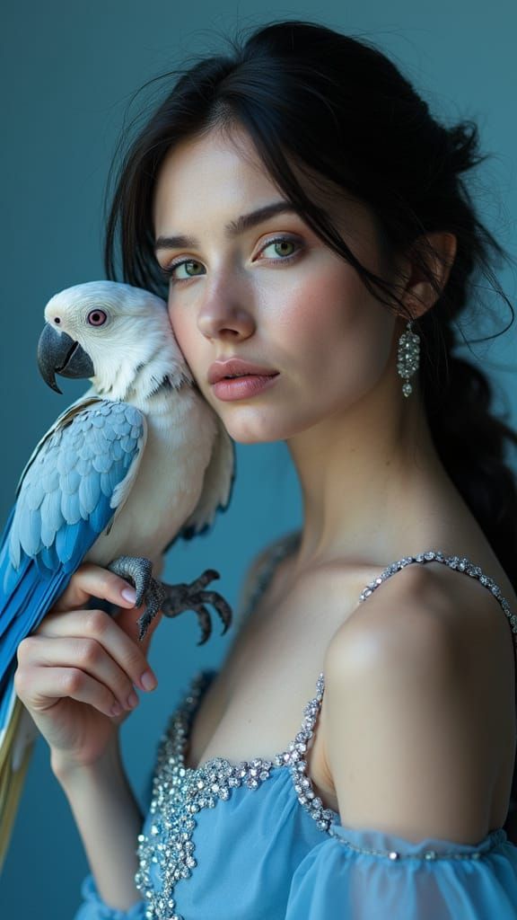 Attractive Woman with Blue Makeup and Parrot in Photorealist...
