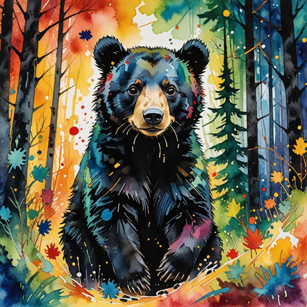Black Bear Cub in Forest: Watercolor Spirograph Art