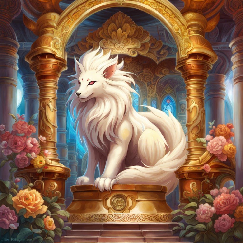Ornate Fantasy Portrait of the Majestic Pokemon Ninetales in a Beautiful Temple