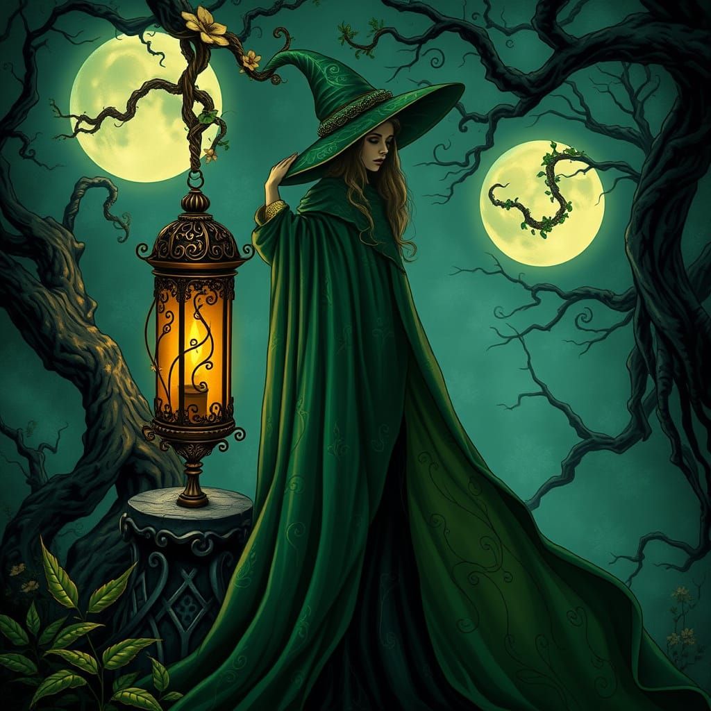 Enchanted Witch Stands Beside Twisted Lantern in Moonlit For...