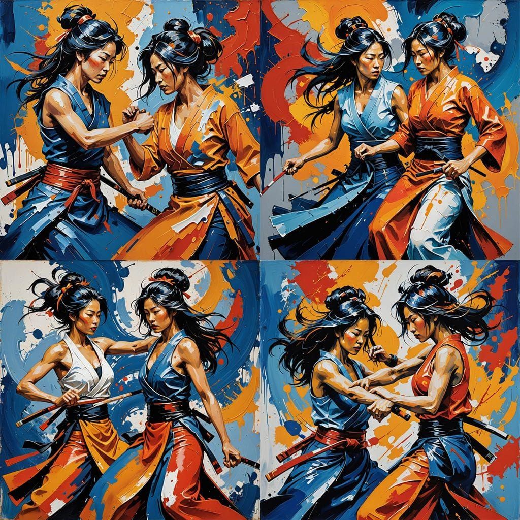 Expressive Samurai Women Clash in Vibrant, Abstract Art