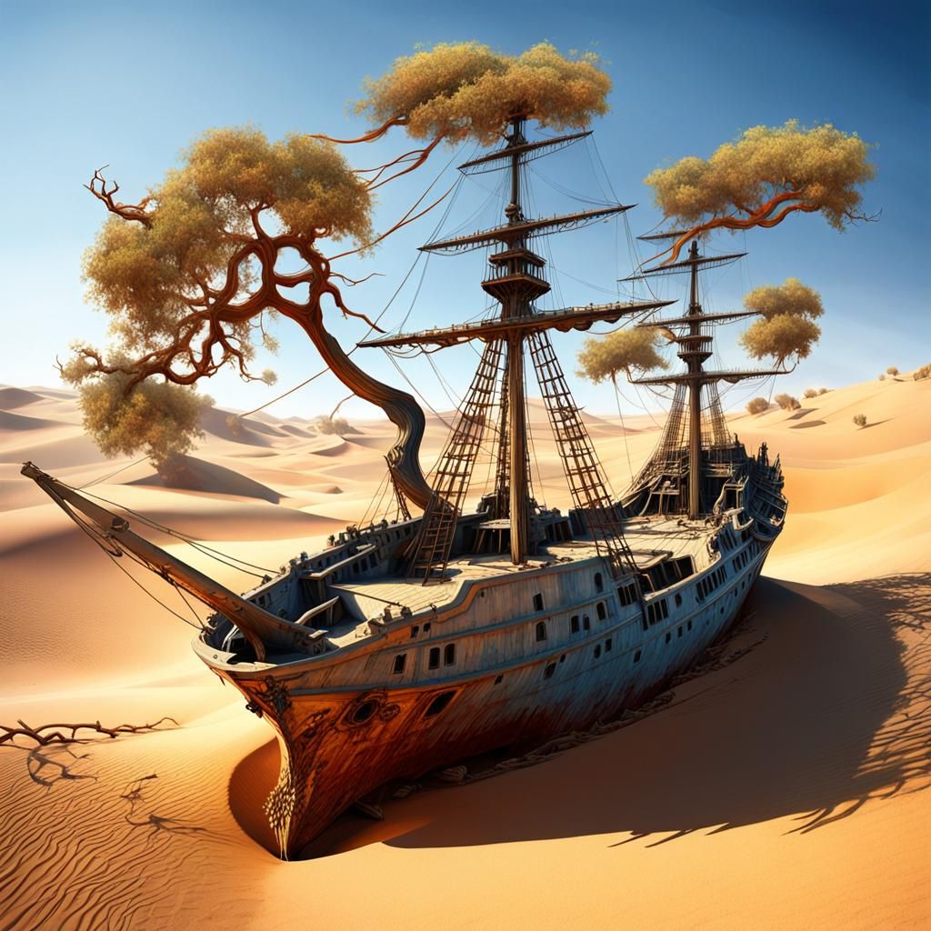 Frigate Stranded in Surreal Desert Landscape