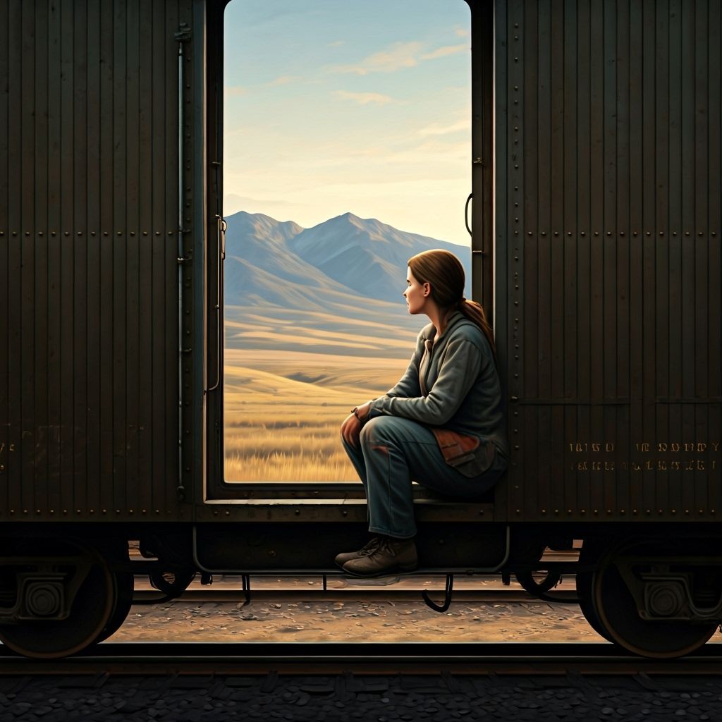 Woman Contemplates Mountains from Freight Car in Oil Paintin...